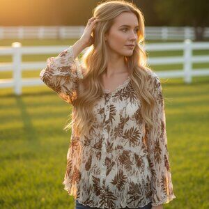 Coldwater Creek PL Top Cream Brown Floral Lace Crinkle Cottage Coquette Boho